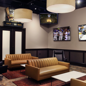 Chicago Sports Museum - lounge room with leather sofas available for private events.