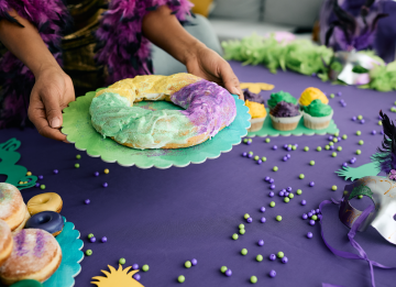 King cake on Mardis Gras celebration for party or event.