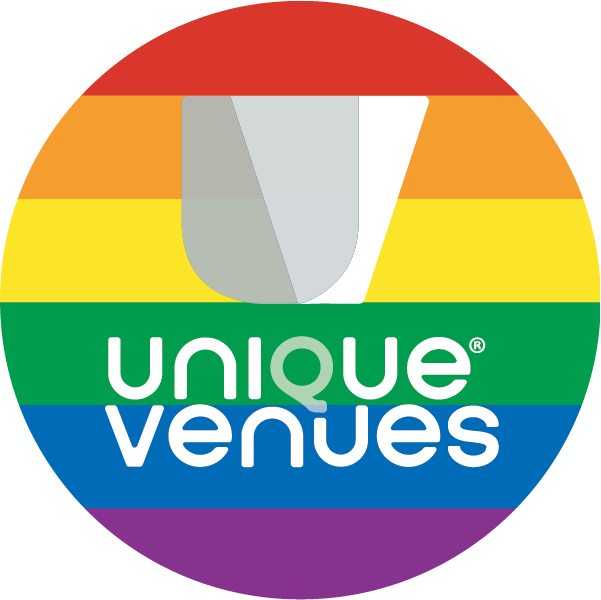 Unique venues pride logo. The white Unique Venues logo is in the forefront, with horizontal rainbow stripes in the background.